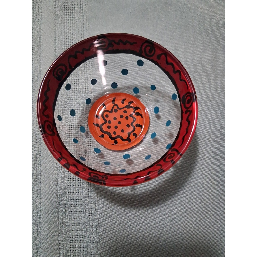 Kay Young Glassware Hand Painted Bowl Teal Polka Dot Red Rim Orange Base
